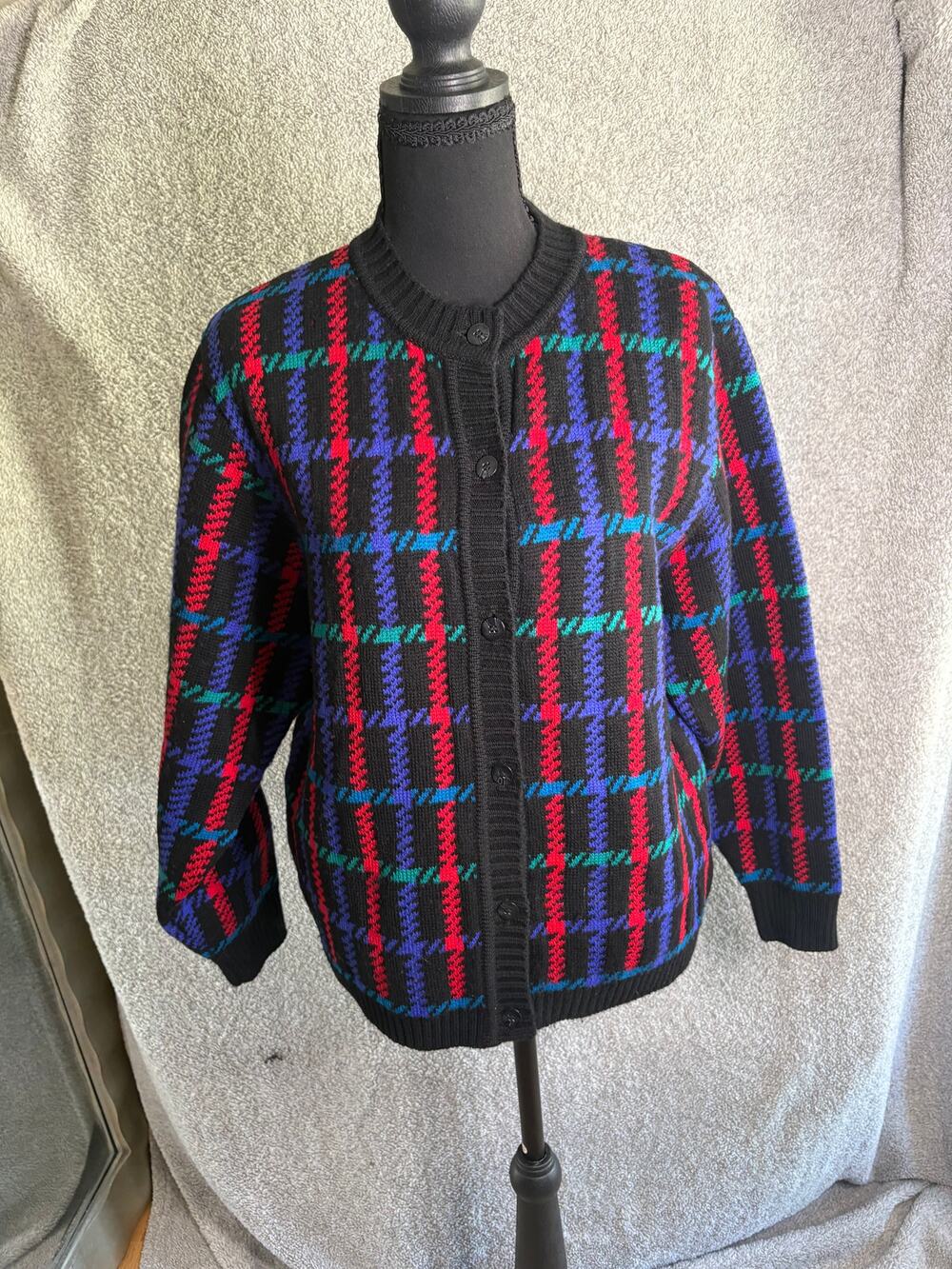 Vintage Liz Claiborne Merino Wool Plaid Cardigan S 90s